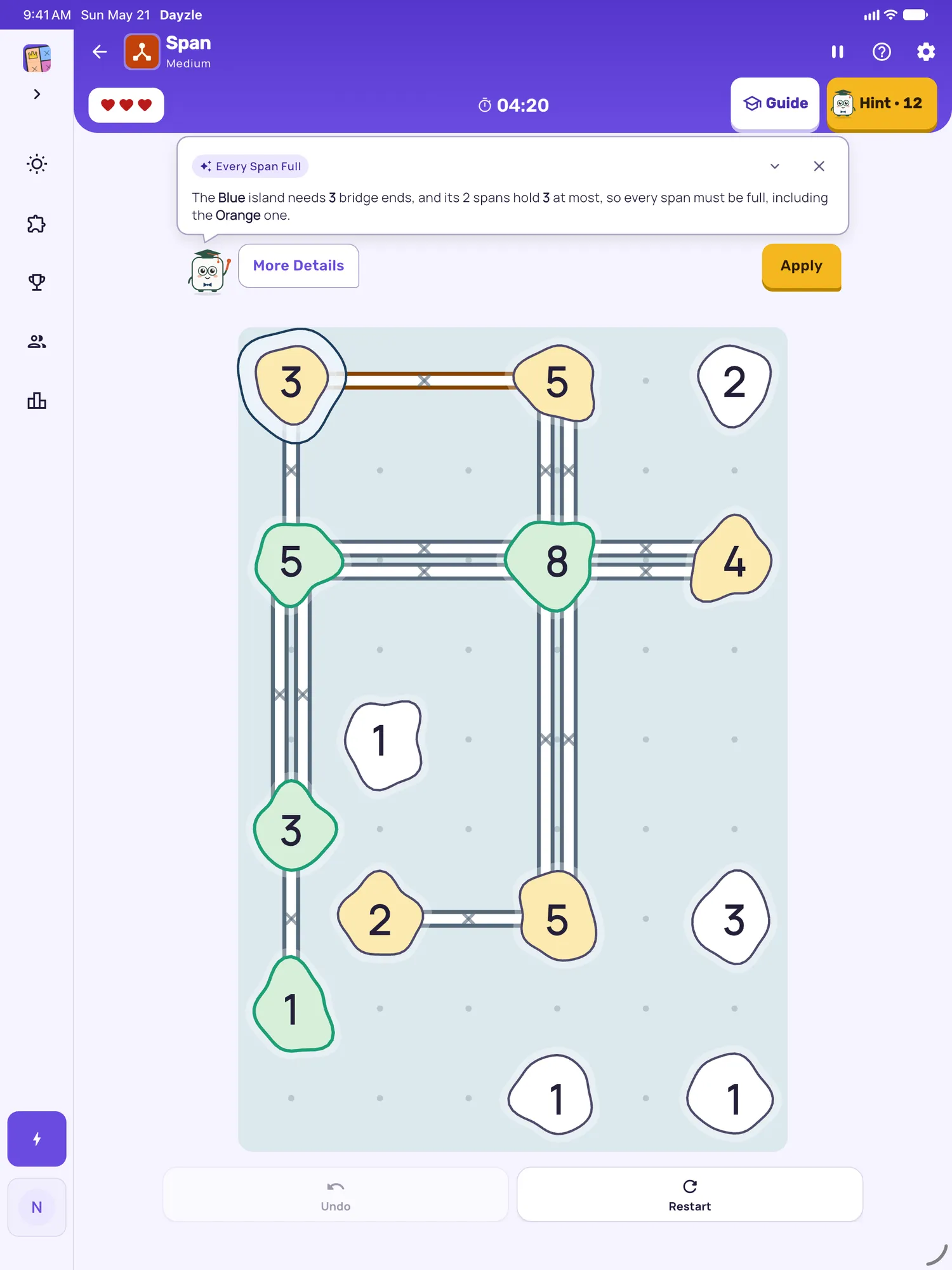 Span on iPad: a hint card teaching Every Span Full, with the squares it uses lit on the board