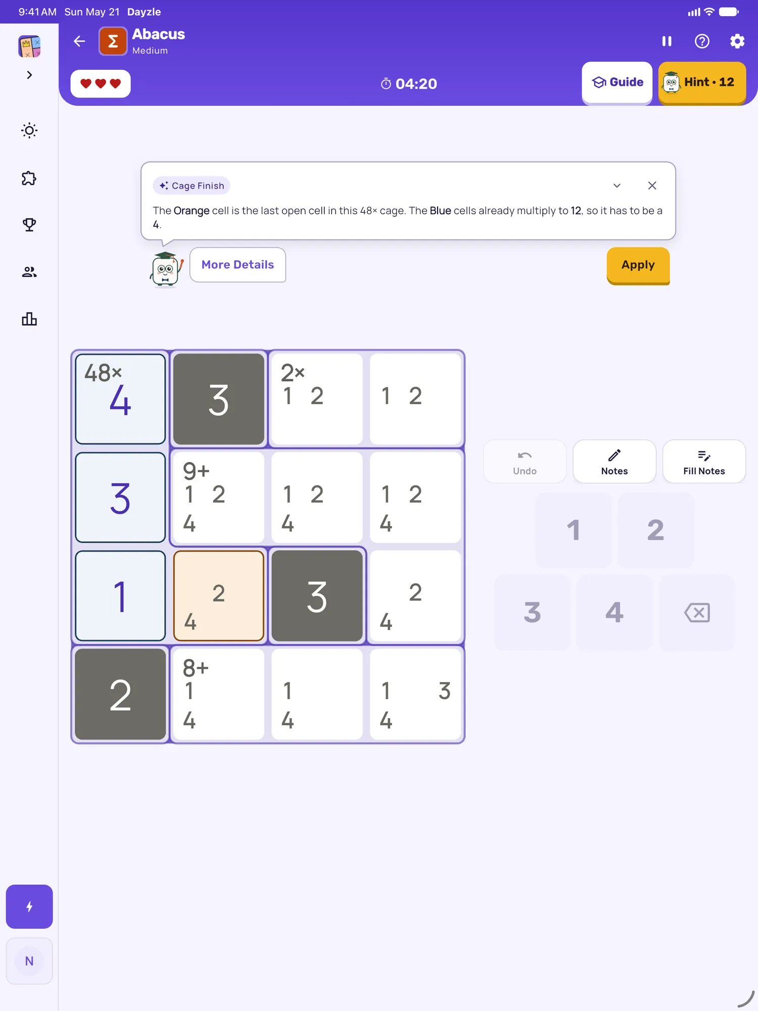 Abacus on iPad: a hint card teaching Cage Finish, with the squares it uses lit on the board