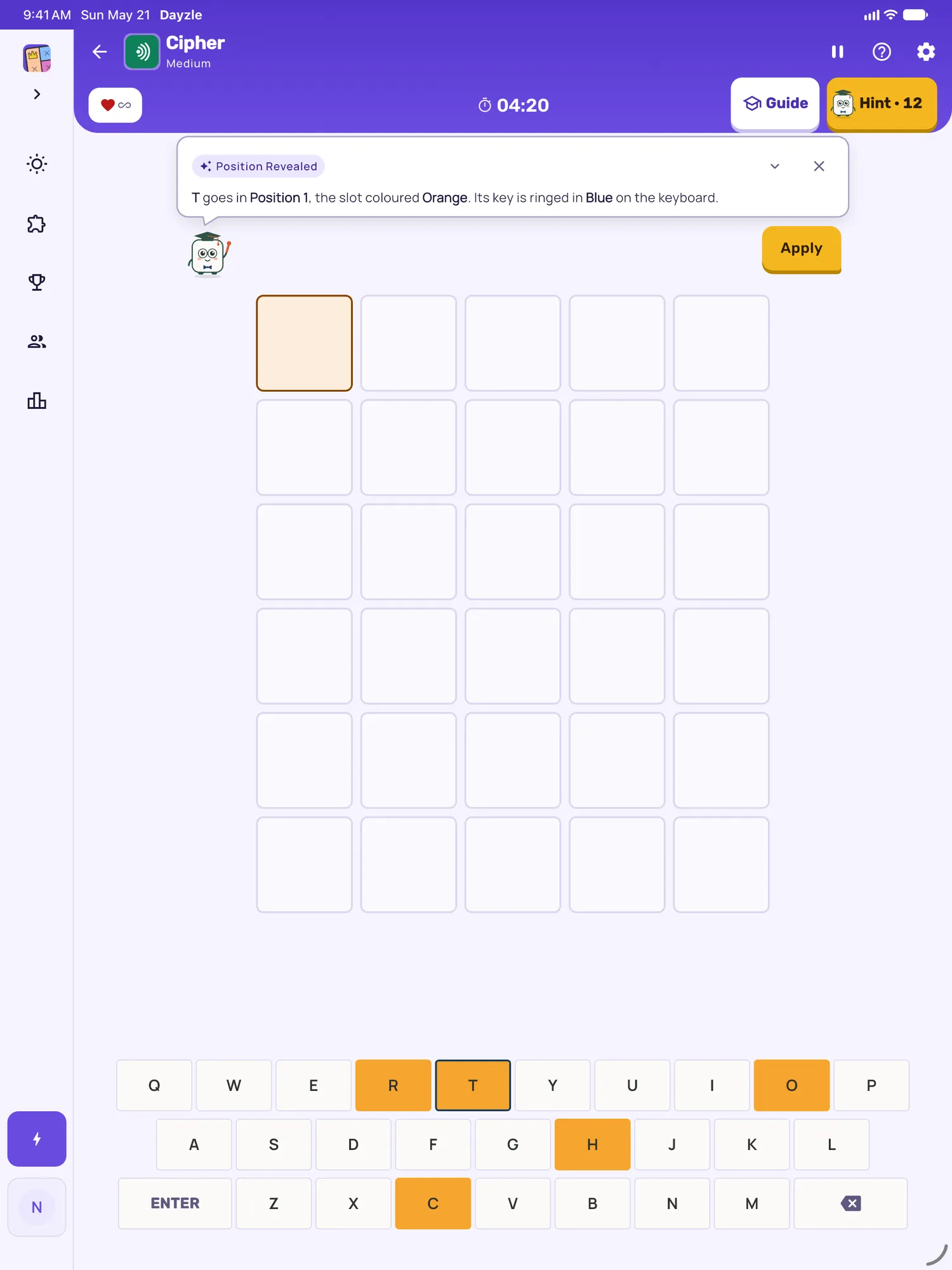 Cipher on iPad: a hint card teaching Position Revealed, with the squares it uses lit on the board