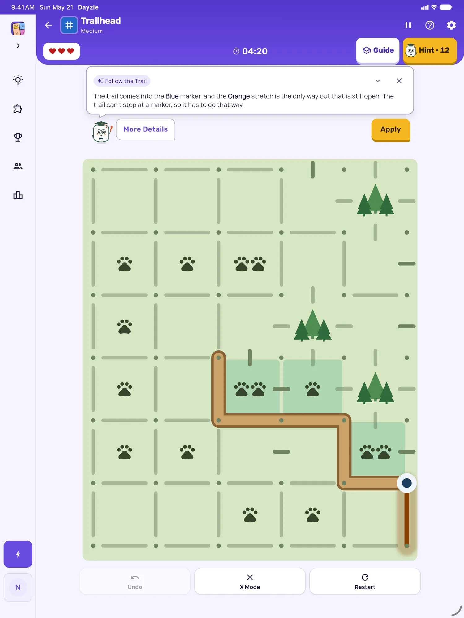 Trailhead on iPad: a hint card teaching Follow the Trail, with the squares it uses lit on the board