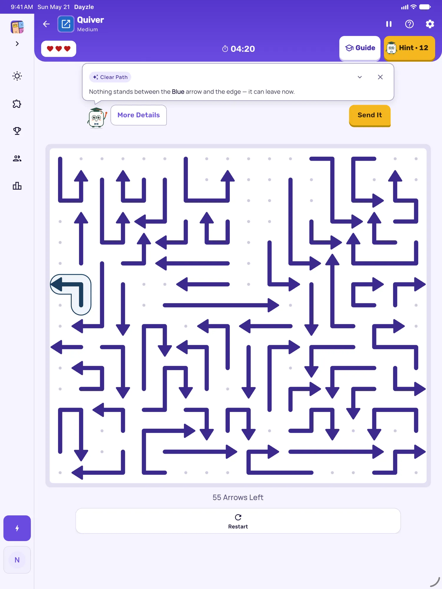Quiver on iPad: a hint lighting an arrow with a clear path