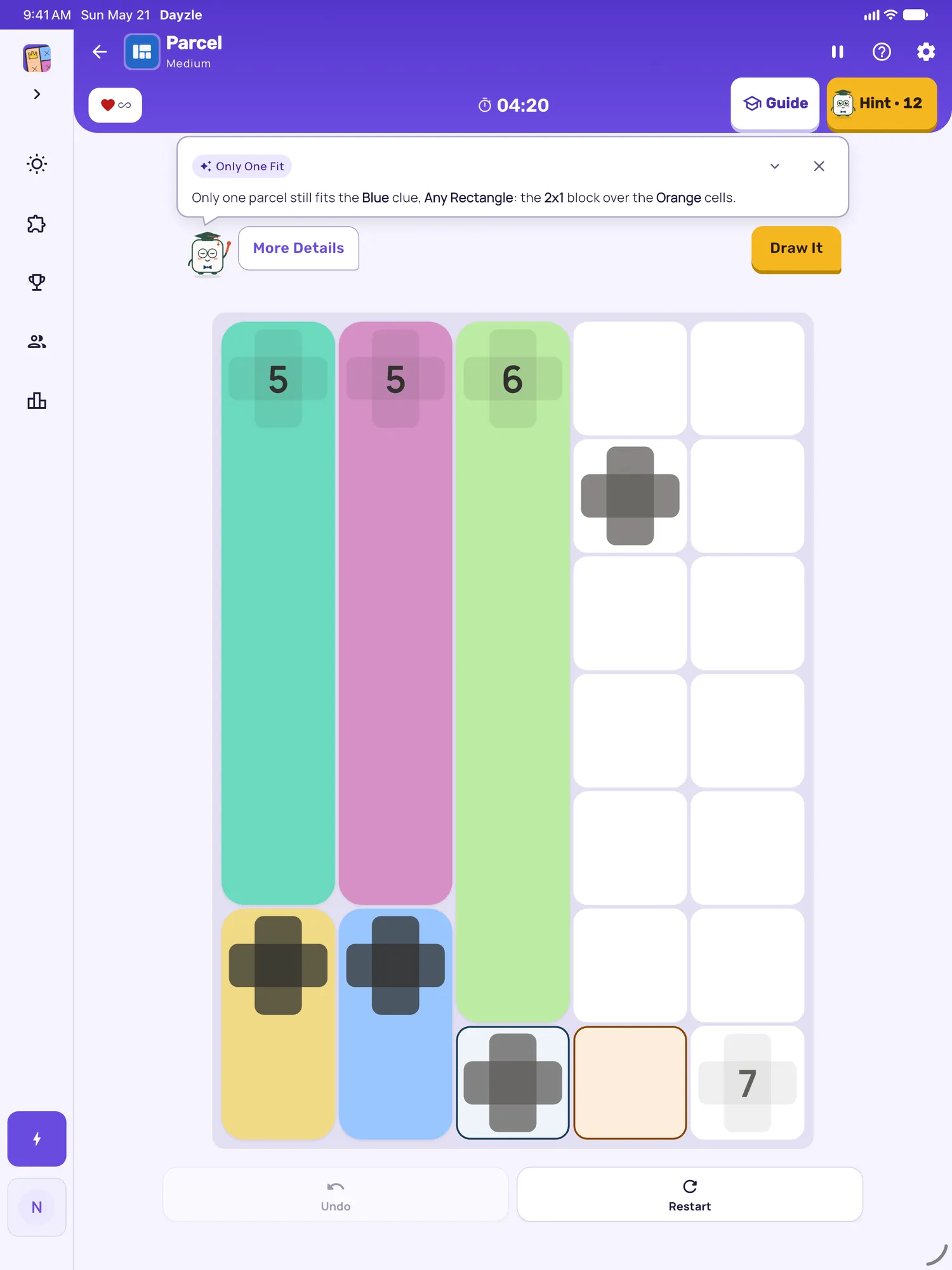 Parcel on iPad: a hint card teaching Only One Fit, with the squares it uses lit on the board