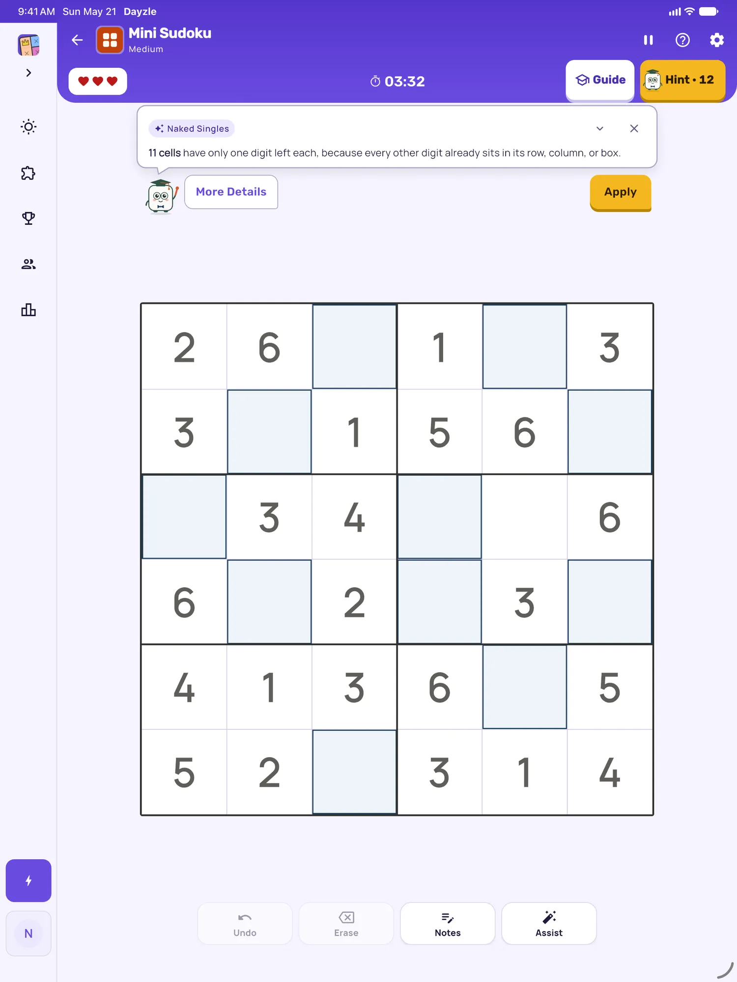 Mini Sudoku on iPad: a hint card teaching Naked Singles, with the squares it uses lit on the board