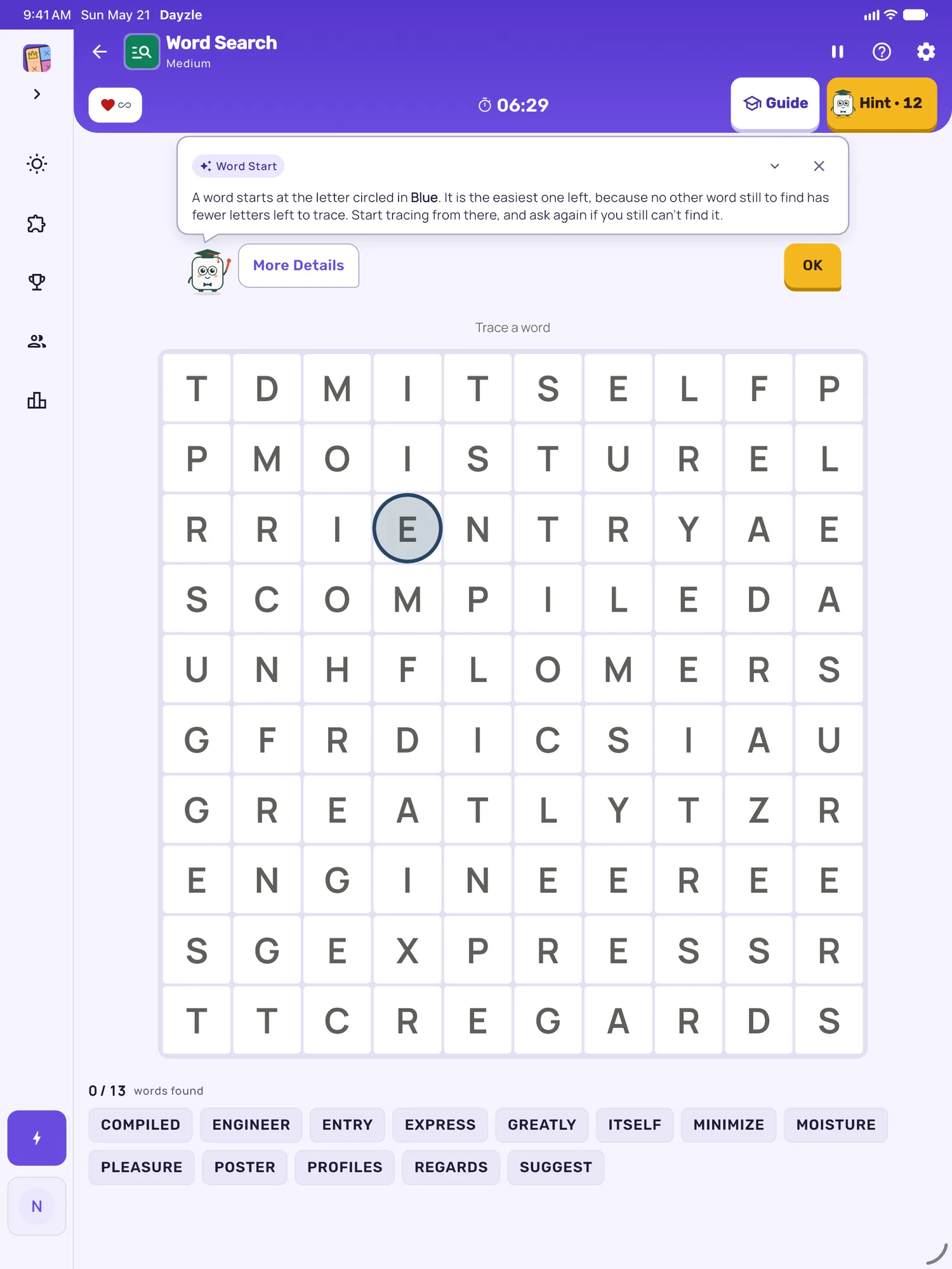 Word Search on iPad: a hint card teaching Word Start, with the squares it uses lit on the board