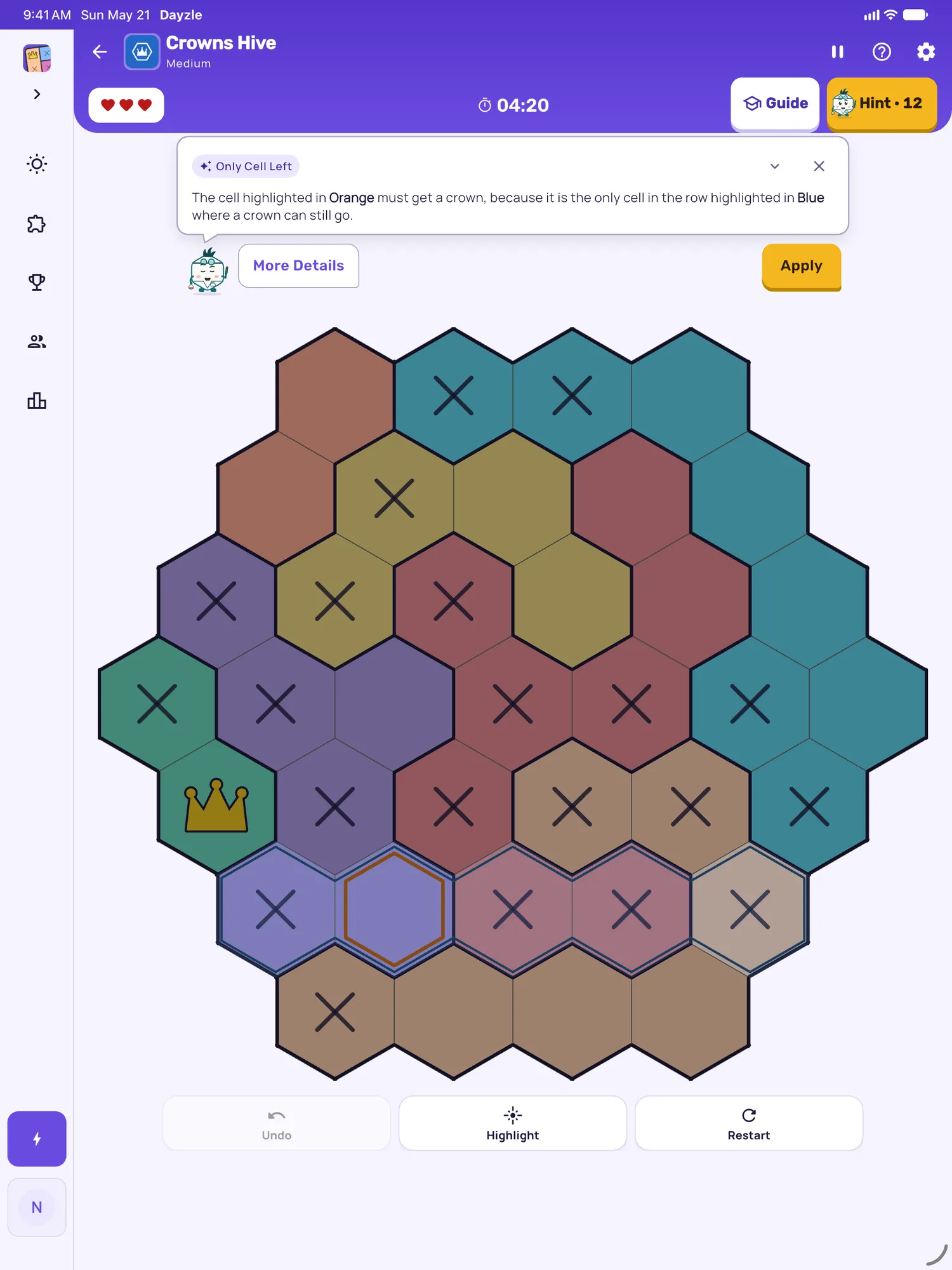 Crowns Hive on iPad: a hint card teaching Only Cell Left, with the squares it uses lit on the board
