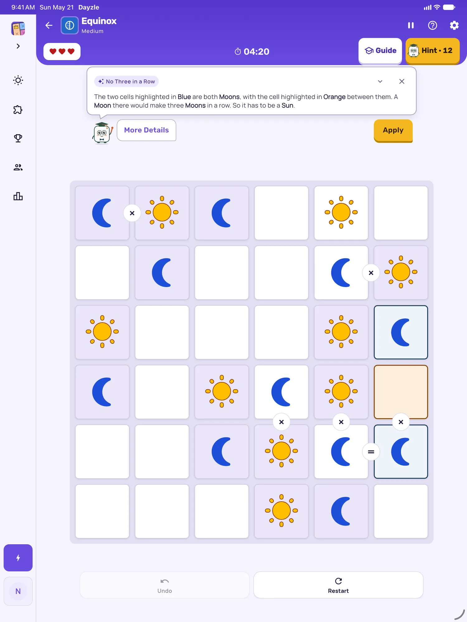 Equinox on iPad: a hint card teaching No Three in a Row, with the squares it uses lit on the board