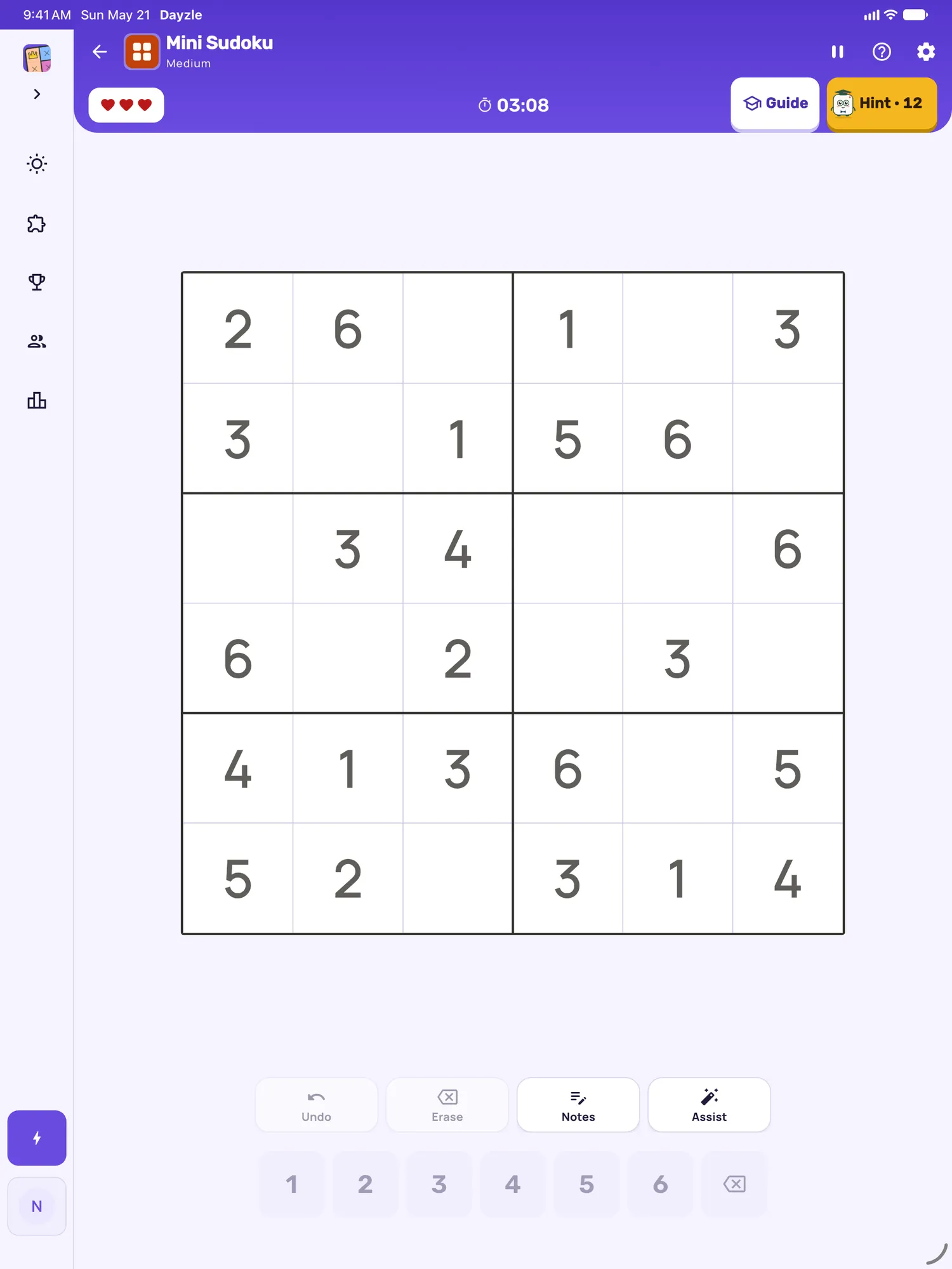 Mini Sudoku on iPad: a board in progress