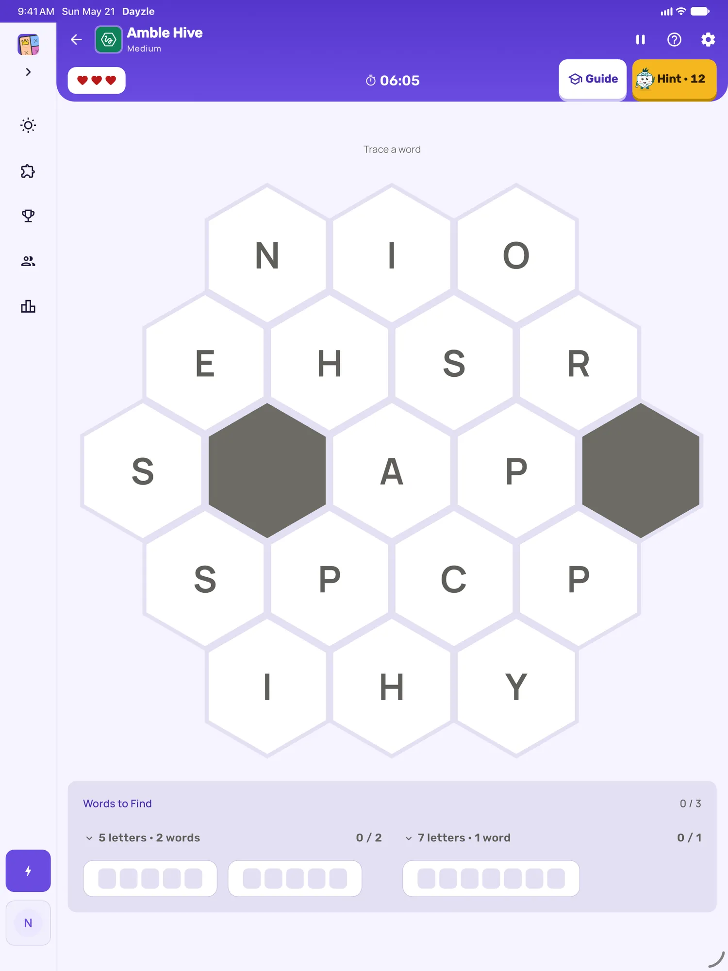 Amble Hive on iPad: a board in progress