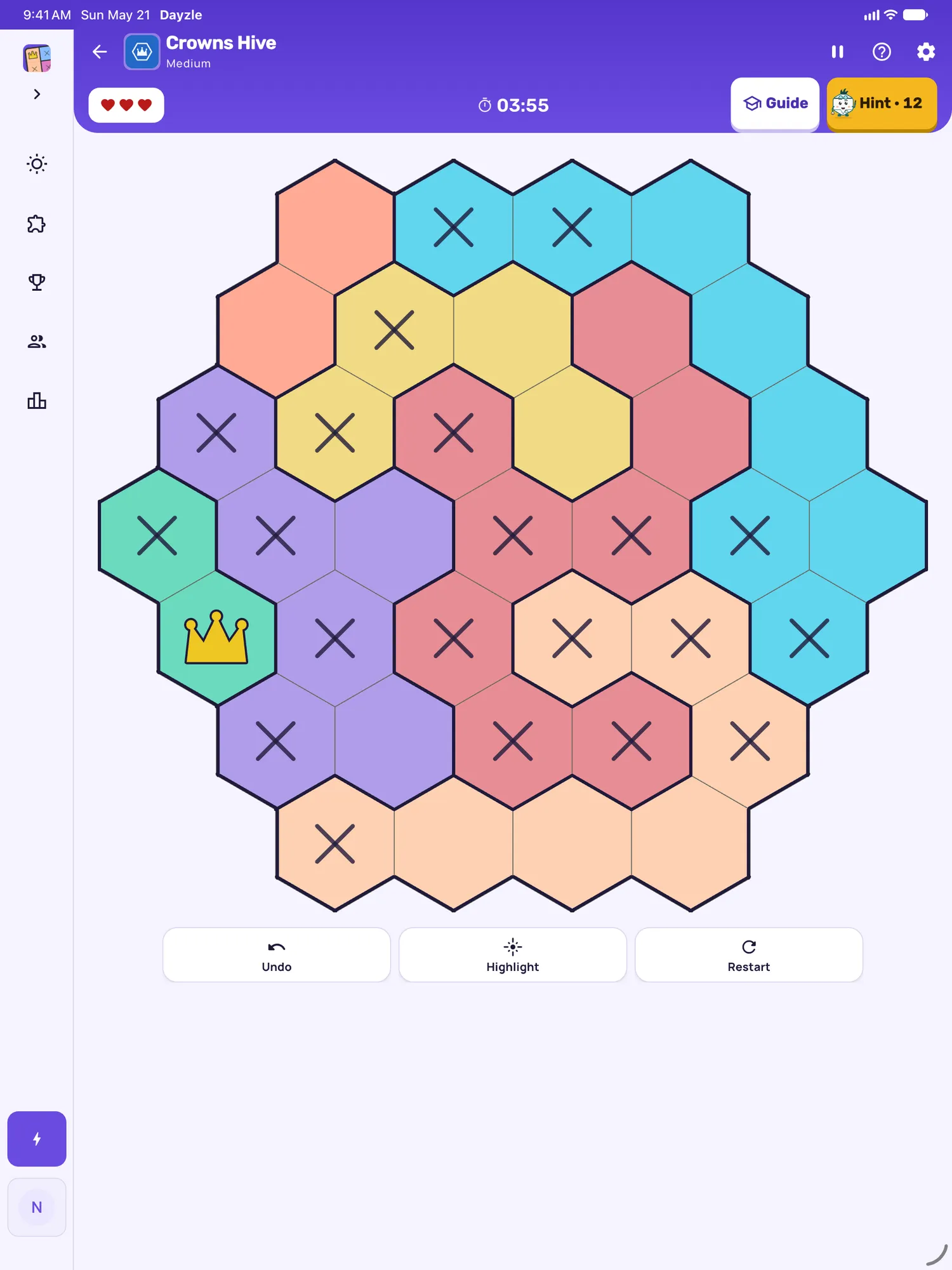 Crowns Hive on iPad: a board in progress