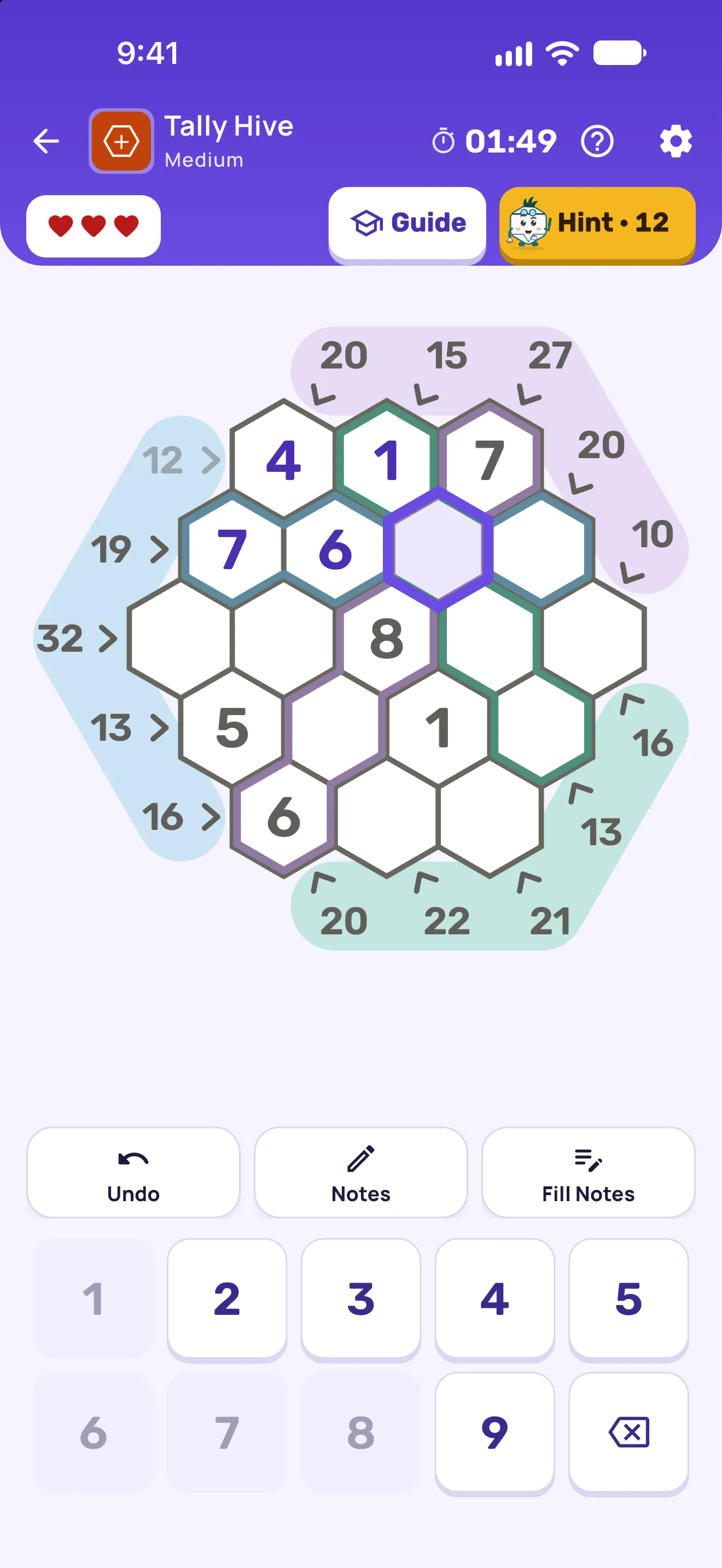 Tally Hive — kakuro on a hexagonal board, sums in three directions