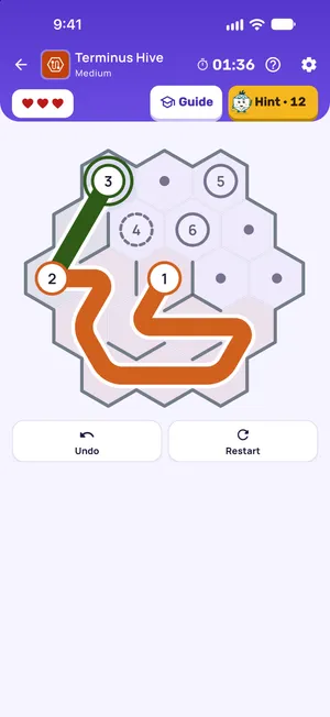Terminus Hive: one line routed through a hexagonal board