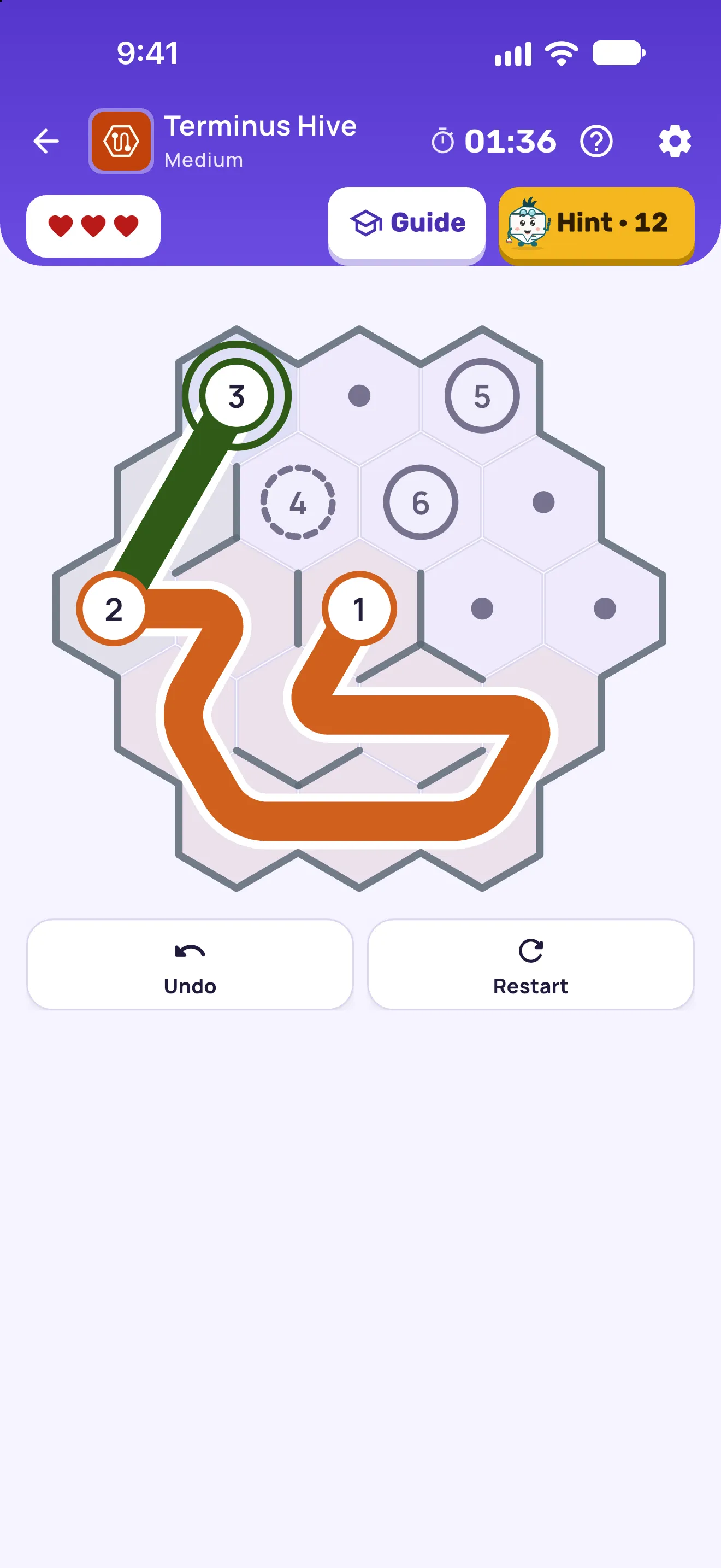 Terminus Hive — one line through every hex, the numbered stops in order