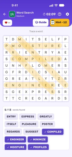 Word Search with found words listed below the grid
