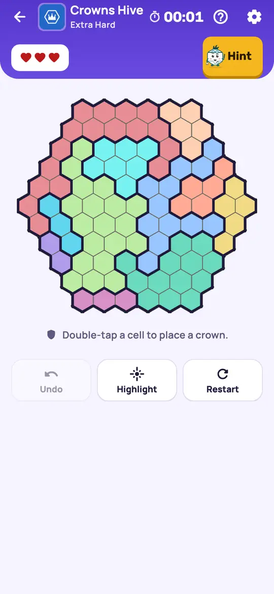 Crowns Hive: the hint teaching Colour Points on a real board. Find a colour whose open cells all sit on one line. No other colour can have a crown on that line.