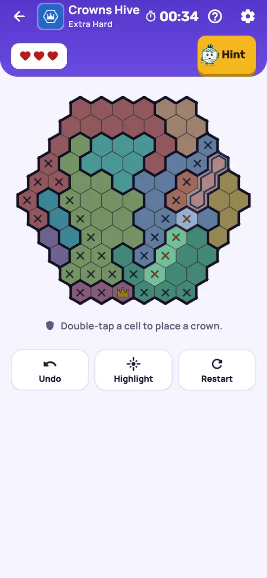 Crowns Hive: the hint teaching Line Points on a real board. Find a line whose open cells are all one colour. That colour can't have a crown anywhere off that line.