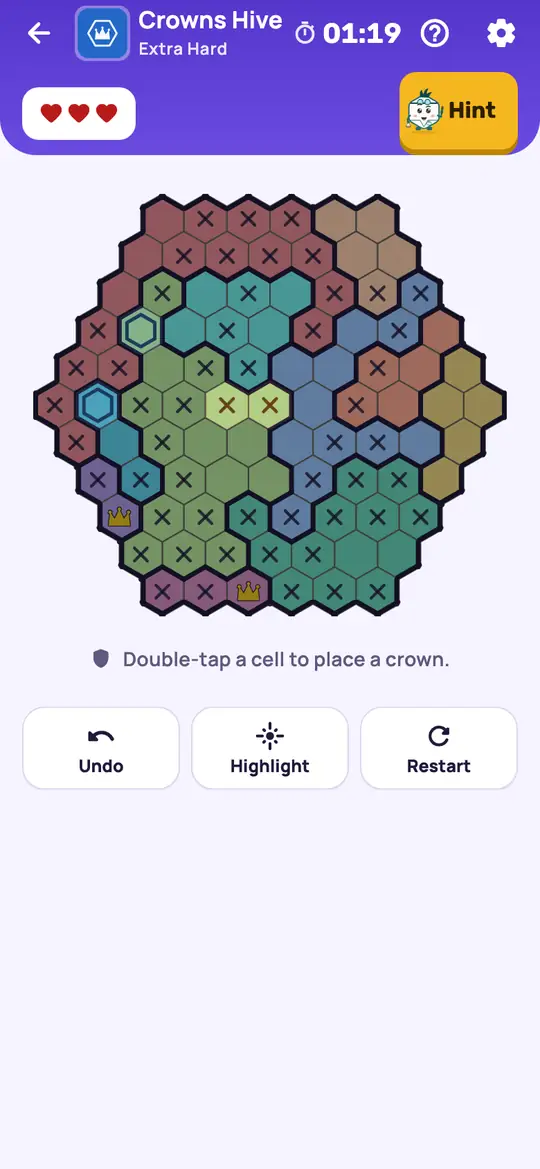 Crowns Hive: the hint teaching Locked Set on a real board. Find a group of colours whose open cells fit on the same number of lines. Those lines are used up.