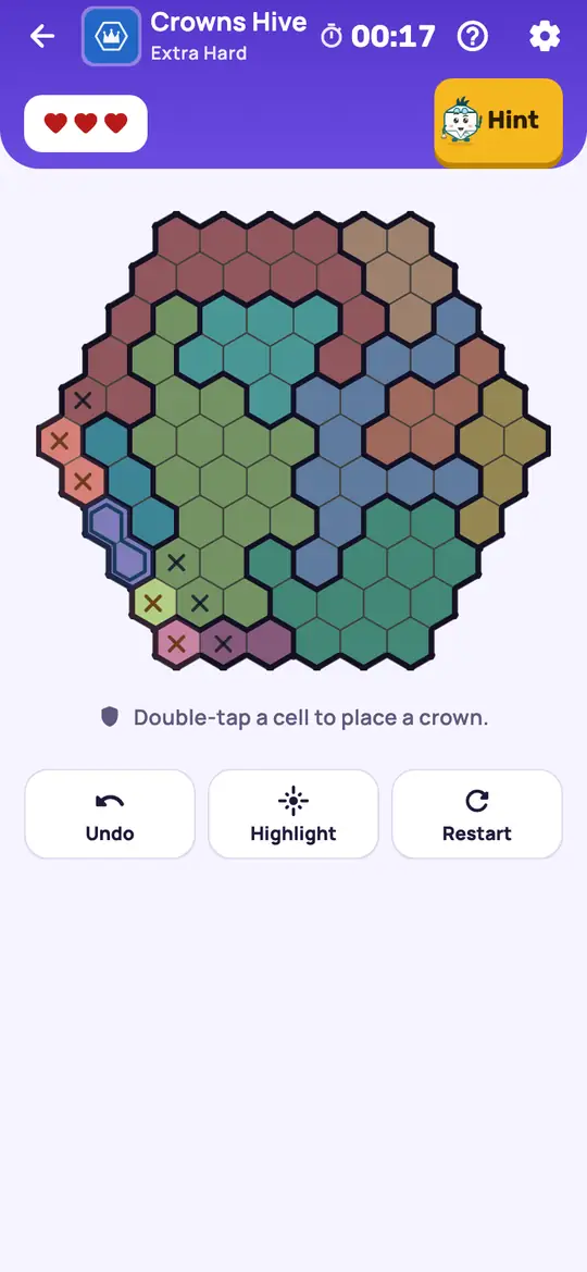 Crowns Hive: the hint teaching Only Cell Left on a real board. Find a row, diagonal or colour with only one open cell left. Its crown goes there.