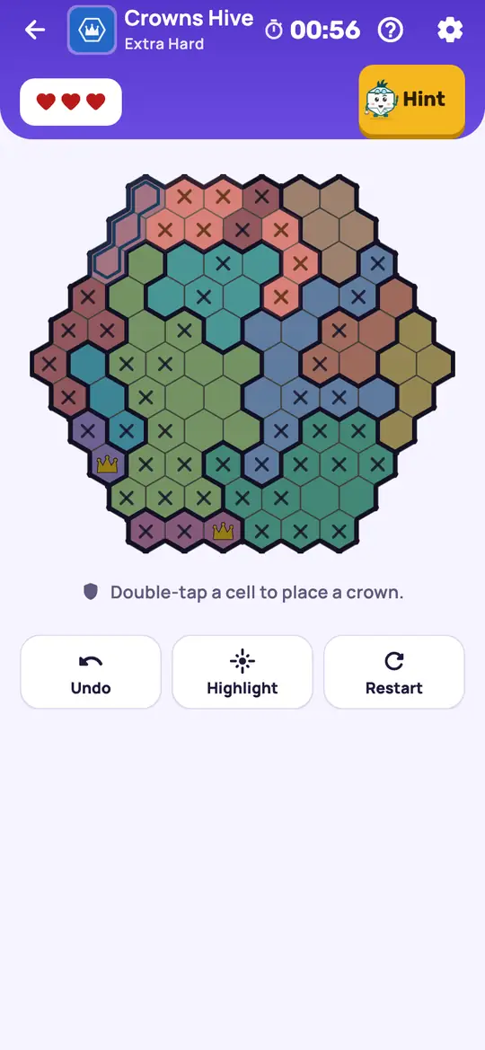 Crowns Hive: the hint teaching Squeeze on a real board. Find a cell that every remaining option of some line or colour would rule out. It can't have a crown.