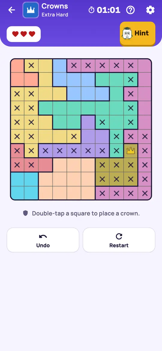 Crowns: the hint teaching Colour Points on a real board. Find a colour whose open squares all sit in one row or column. No other colour can have a crown in that line.