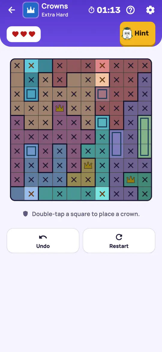 Crowns: the hint teaching Dead End on a real board. Suppose a crown on a square and follow the moves it forces. If a colour runs out of squares, that square can't have a crown.