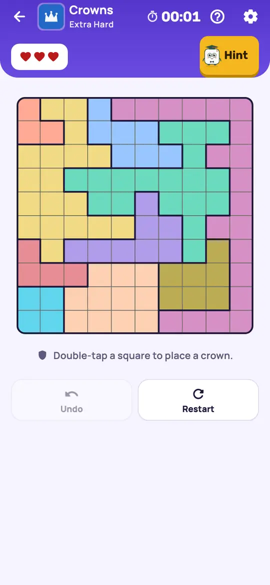 Crowns: the hint teaching Line Points on a real board. Find a row or column whose open squares are all one colour. That colour can't have a crown anywhere else.
