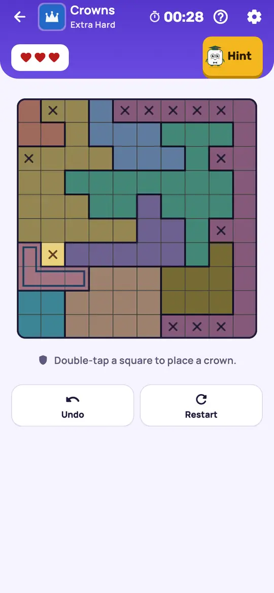 Crowns: the hint teaching Locked Set on a real board. Find a group of colours whose open squares fit into the same number of rows or columns. Those lines are used up.