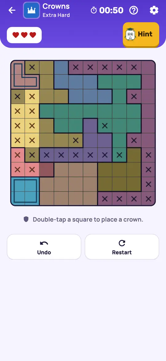 Crowns: the hint teaching Only Square Left on a real board. Find a row, column or colour with only one open square left. Its crown goes there.