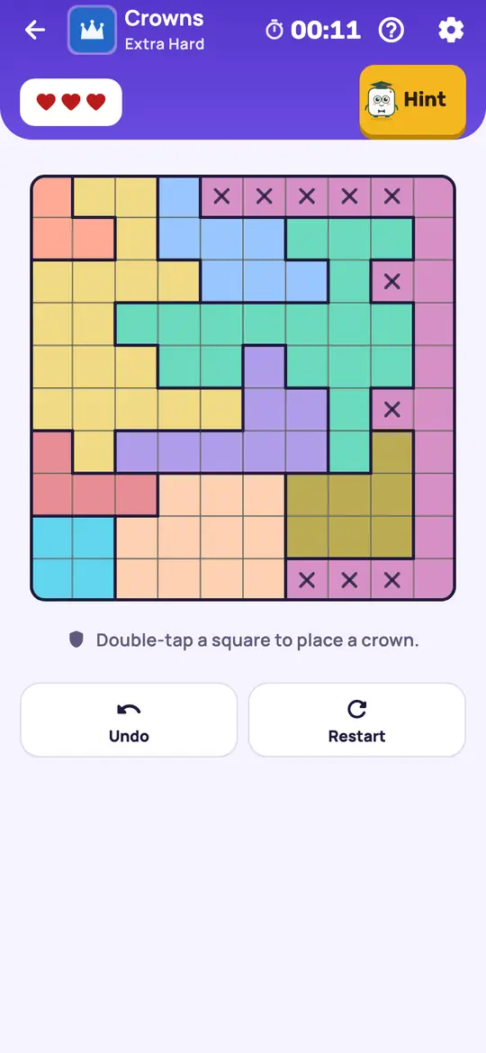 Crowns: the hint teaching Squeeze on a real board. Find a square that every remaining option of some row, column or colour would rule out. It can't have a crown.