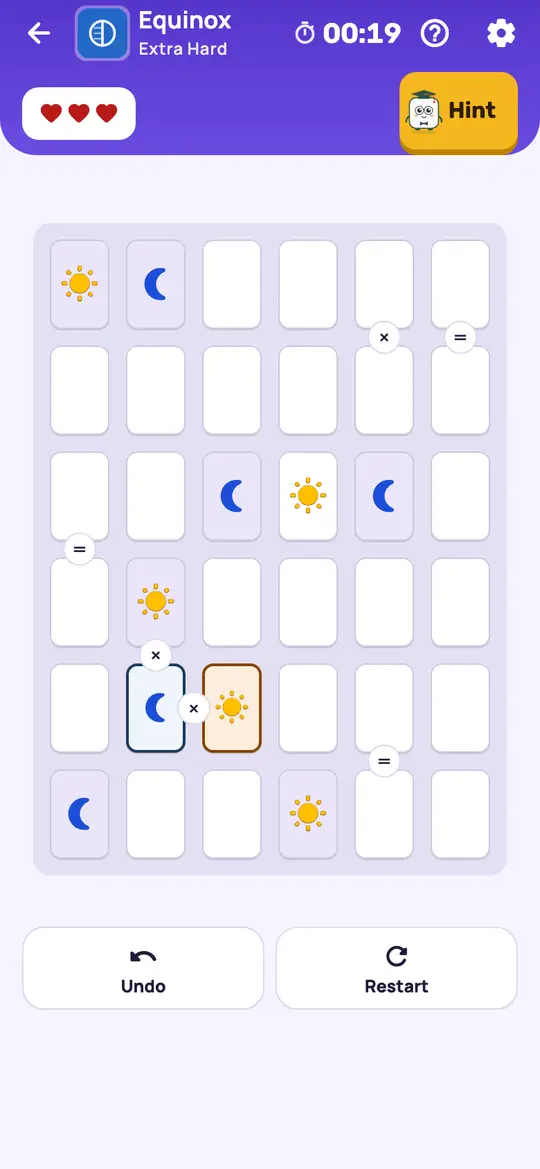 Equinox: the hint teaching Double at the End on a real board. Find two of a symbol together at one end of a line. The cell at the far end takes the other symbol.