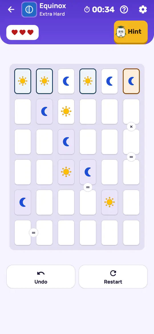 Equinox: the hint teaching Edge Marker on a real board. Find a marker next to a filled cell. The cell on its other side follows at once.