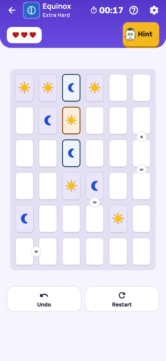 Equinox: the hint teaching Line Balance on a real board. Find a row or column that already has three of one symbol. Every empty cell left in it is the other symbol.