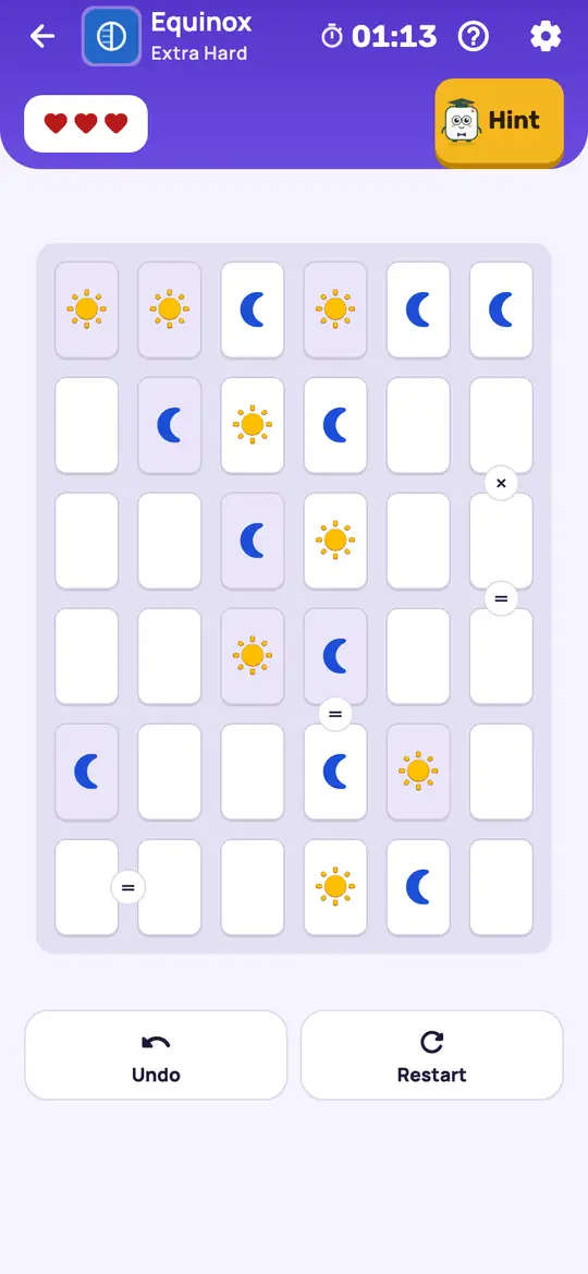 Equinox: the hint teaching Matching Ends on a real board. Find a line with the same symbol at both ends. The two cells next to the ends take the other symbol.