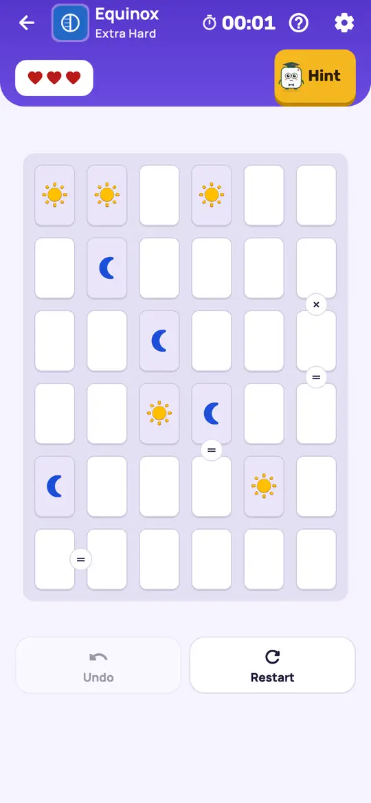 Equinox: the hint teaching No Three in a Row on a real board. Find two of a symbol side by side, or two with one gap between them. The cells beside the pair, or the gap, take the other symbol.
