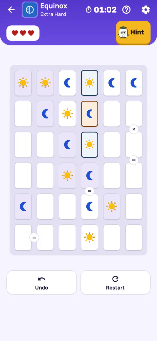 Equinox: the hint teaching Only One Way to Finish on a real board. Write out every allowed way to finish one line. If they all agree on a cell, that cell is settled.