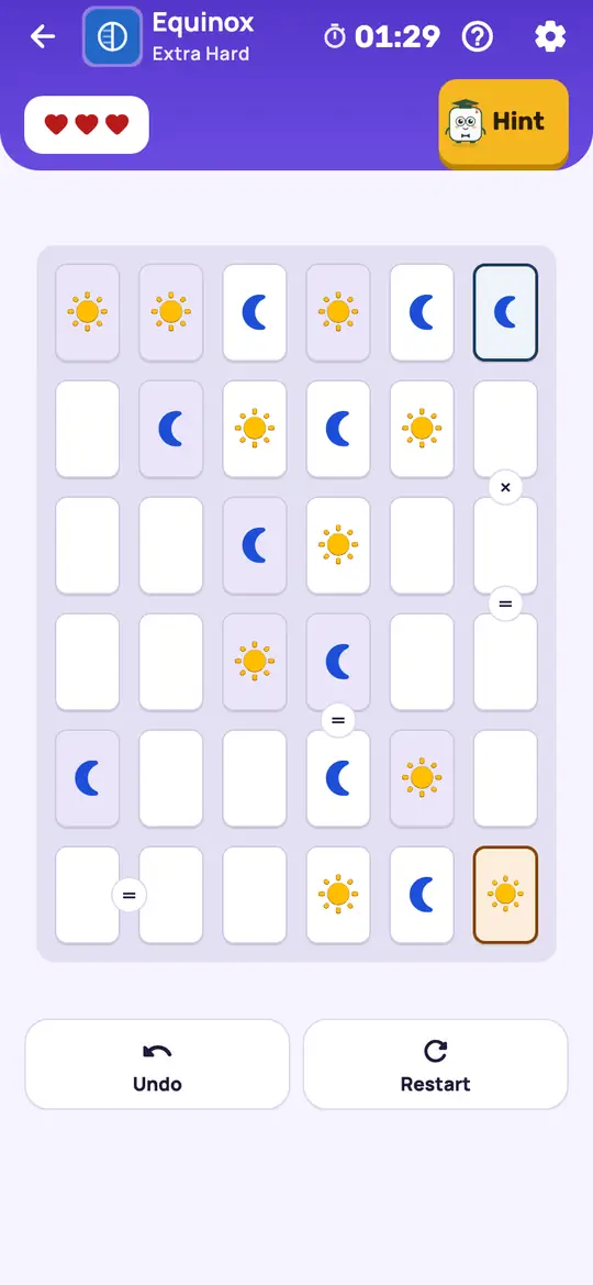 Equinox: the hint teaching Pair and Balance on a real board. Count a marked pair against what its line still needs. A pair can settle the line's other cells, or itself, before you know either of its cells.