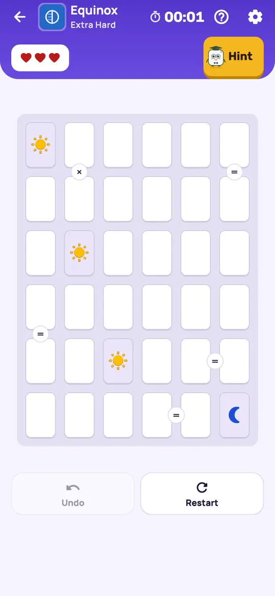Equinox: the hint teaching Touching Pair on a real board. Find an = marker with both cells still empty. If one filling would make three in a row, the pair is the other symbol.