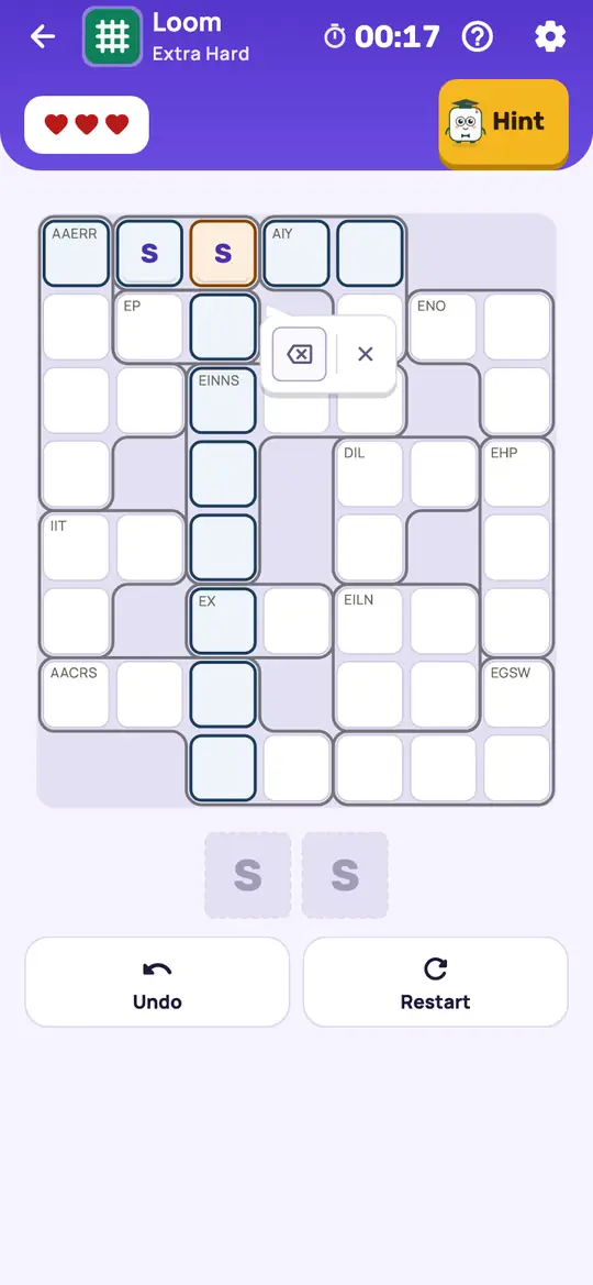 Loom: the hint teaching One Arrangement on a real board. A block where no single square is forced, but only one order of its letters makes real words.