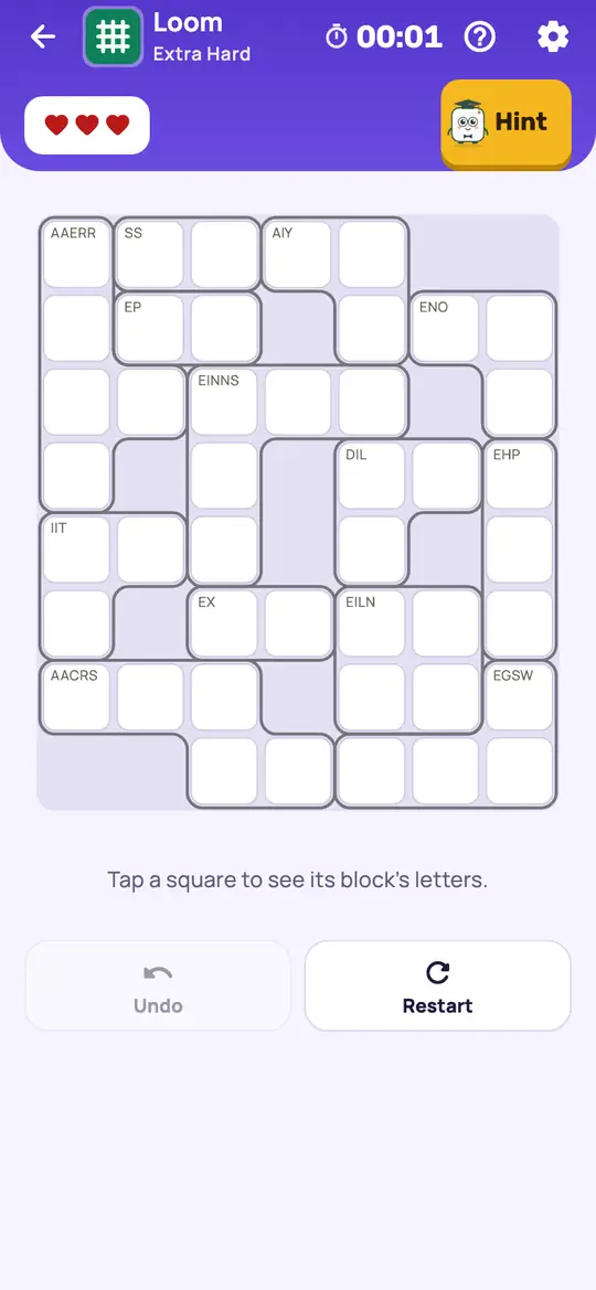 Loom: the hint teaching Only Fit on a real board. A square where only one of its block's letters lets the words through it still be spelled.