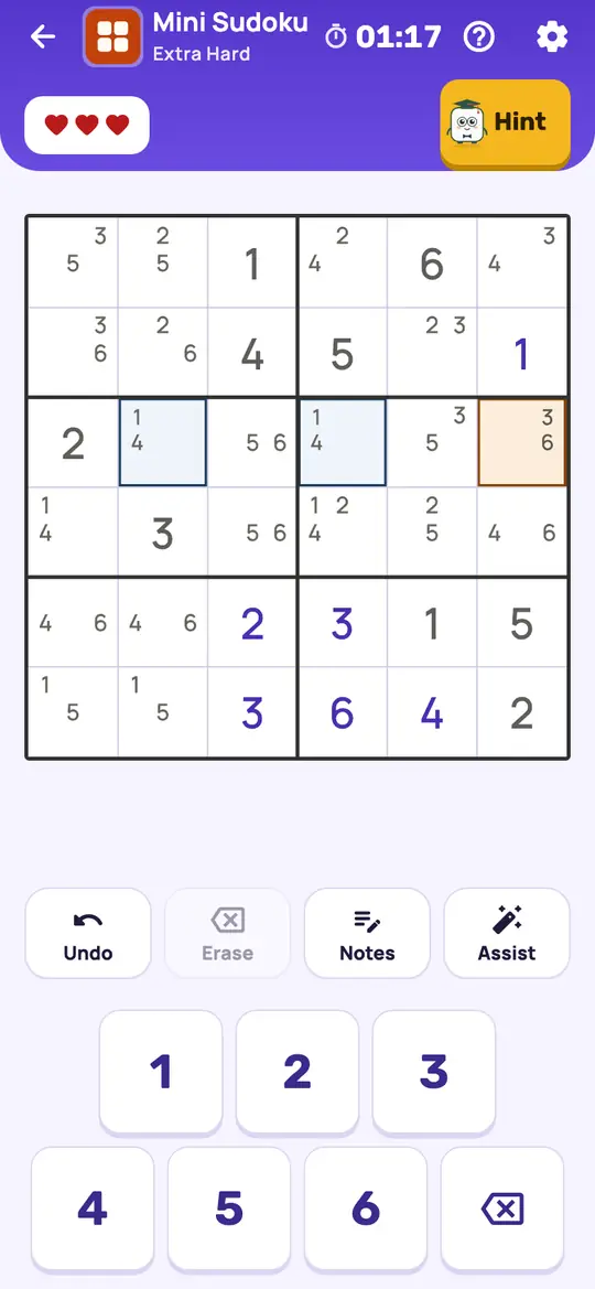 Mini Sudoku: the hint teaching BUG on a real board. Every empty square has exactly two notes except one, which has three.