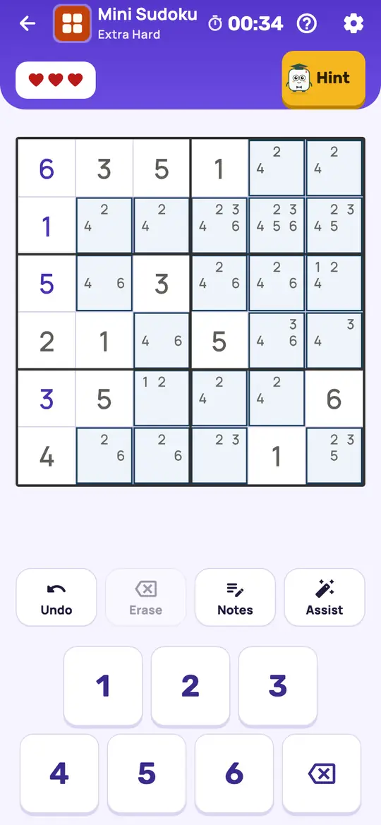 Mini Sudoku: the hint teaching Hidden Single on a real board. A digit that has only one possible square left in some row, column or box.