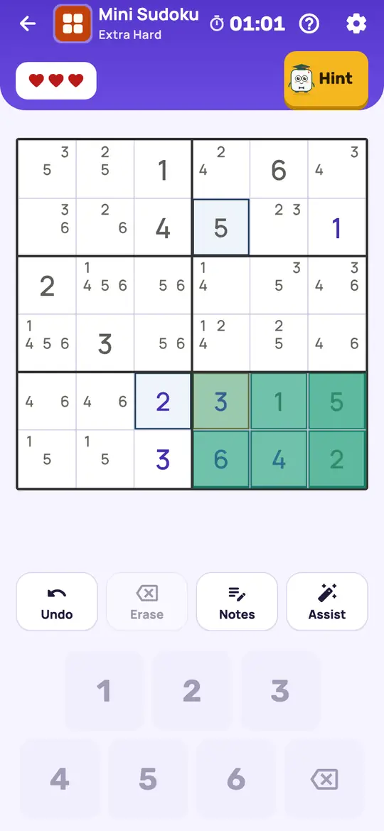 Mini Sudoku: the hint teaching Naked Pair on a real board. Two squares in one row, column or box whose notes are the same two digits.