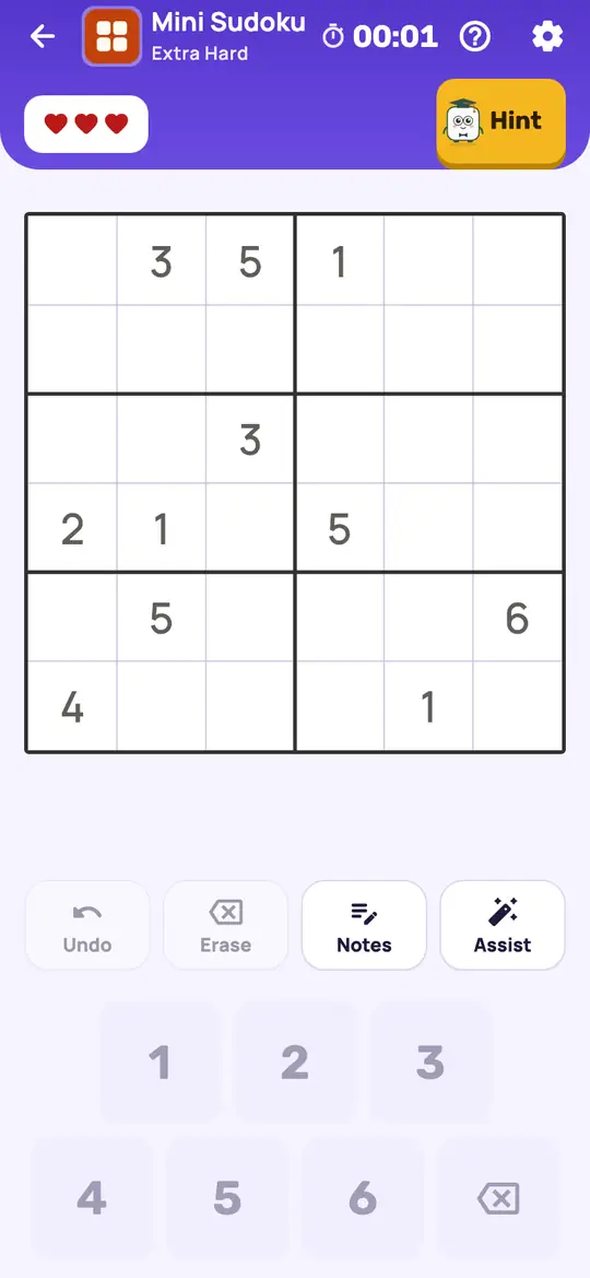 Mini Sudoku: the hint teaching Naked Single on a real board. An empty square where every digit but one is already in its row, column or box.