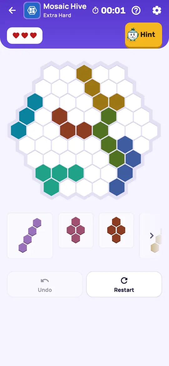 Mosaic Hive: the hint teaching Only Cover on a real board. Find a cell that only one piece, in one position, can cover. That piece has to go there.