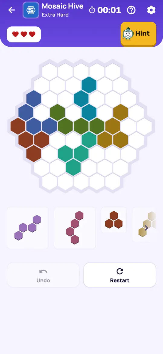 Mosaic Hive: the hint teaching Only Fit on a real board. Find a piece that has only one spot left on the board. That is where it goes.