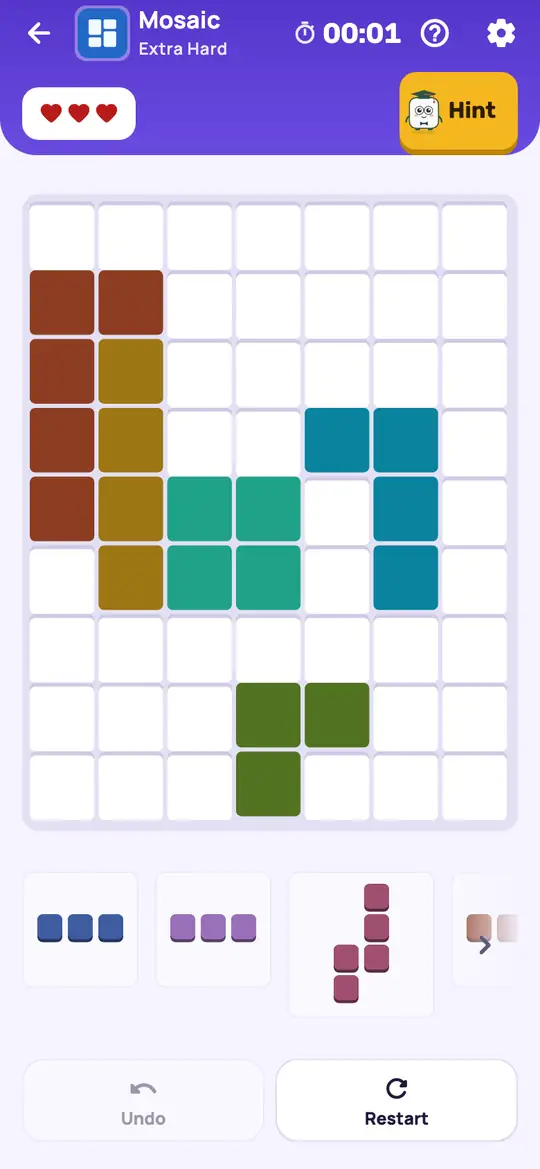 Mosaic: the hint teaching Only Cover on a real board. Find a square that only one piece, in one position, can cover. That piece has to go there.