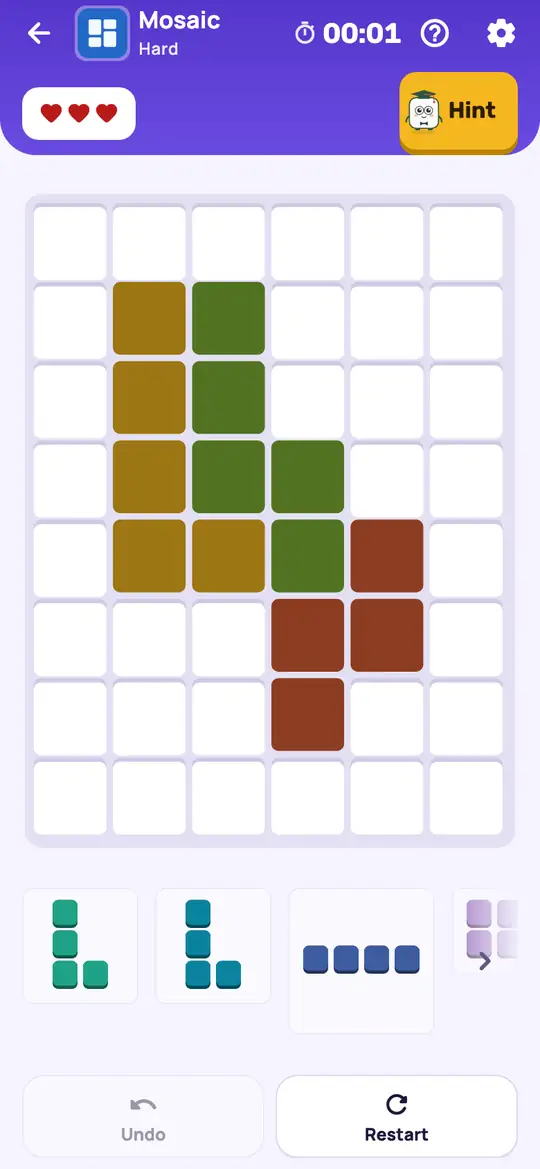 Mosaic: the hint teaching Only Fit on a real board. Find a piece that has only one spot left on the board. That is where it goes.