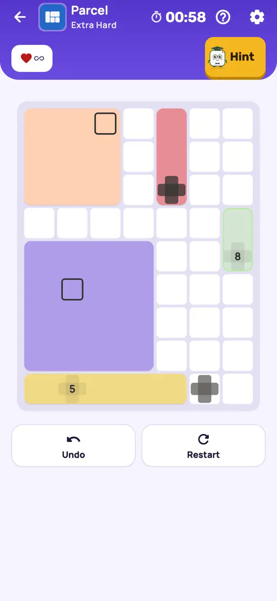Parcel: the hint teaching Always Covered on a real board. Find cells that every remaining rectangle of a clue includes. They belong to that clue.