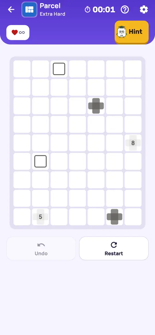 Parcel: the hint teaching Only One Fit on a real board. Find a clue that has only one rectangle left that works. Draw it.