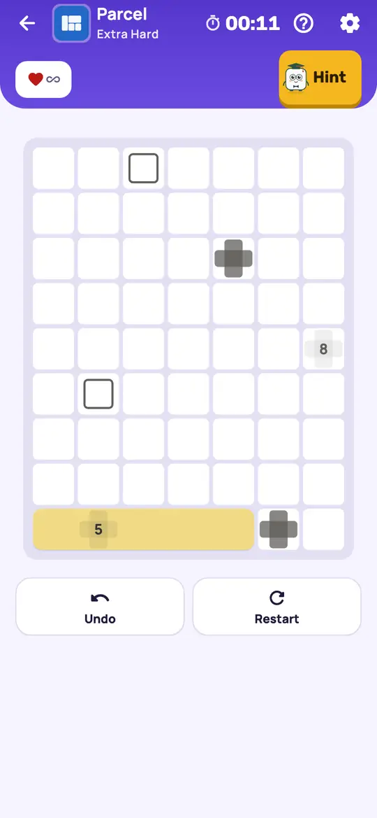 Parcel: the hint teaching Only One Owner on a real board. Find a cell that only one clue can still reach. That clue's parcel has to cover it.