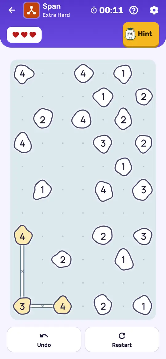 Span: the hint teaching Every Span Full on a real board. An island whose number equals the most bridges its spans could hold between them.